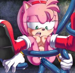 Rule 34 | 1girl, amy rose, anal, apostle, boots, breasts, double penetration, furry, gloves, green eyes, headband, large breasts, multiple penetration, navel, nipples, nude, open mouth, pink hair, sega, short hair, sonic (series), spread legs, tentacle sex, tentacles, uncensored, vaginal