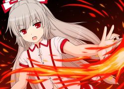 Rule 34 | &gt;:o, 1girl, :o, adapted costume, bow, cpu (hexivision), dress shirt, fire, flat chest, foreshortening, fujiwara no mokou, grey hair, hair bow, long hair, looking at viewer, open mouth, red eyes, shirt, short sleeves, solo, suspenders, touhou, unbuttoned, upper body, v-shaped eyebrows, white bow, white shirt