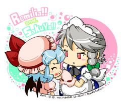 Rule 34 | 2girls, apron, bad id, bad pixiv id, bat wings, blue hair, bow, braid, closed eyes, commentary request, dated, dress, food, food on face, green ribbon, grey hair, hair ribbon, hat, hat bow, izayoi sakuya, kingguyver, maid apron, maid headdress, mob cap, multiple girls, pink dress, pink hat, puffy short sleeves, puffy sleeves, red bow, remilia scarlet, ribbon, short hair, short sleeves, simple background, touhou, tress ribbon, wings