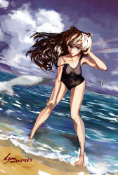 Rule 34 | 1girl, absurdres, arm support, artist request, bare legs, beach, bird, blue eyes, blush, breasts, brown hair, floating hair, highres, long hair, looking at viewer, neon genesis evangelion, ocean, one-piece swimsuit, shiny clothes, shiny skin, sky, solo, souryuu asuka langley, swimsuit, two side up, very long hair, water, wide hips