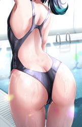 Rule 34 | 1girl, absurdres, arm at side, arm up, armpits, ass, back, black hair, butt crack, cleft of venus, closed mouth, competition swimsuit, highres, lil noot, mixed-language commentary, one-piece swimsuit, original, partially visible vulva, ponytail, pool, pool ladder, poolside, red eyes, shoulder blades, side ponytail, skin tight, solo, standing, swimsuit, thigh gap, thighs, wet