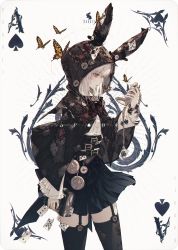 Rule 34 | 1girl, absurdres, ace (playing card), ace of spades, alice in wonderland, animal ears, animal hood, belt, belt buckle, black belt, black skirt, black thighhighs, book, brown capelet, buckle, bug, butterfly, capelet, card, card (medium), character name, commentary, english commentary, garter straps, hair between eyes, highres, holding, holding book, holding pocket watch, hood, hooded capelet, insect, long sleeves, looking away, looking to the side, original, patch, photoshop (medium), playing card, playing card theme, pleated skirt, pocket watch, profile, rabbit ears, red eyes, shirt, short hair, simple background, skirt, solo, spade (shape), standing, thighhighs, wanke, watch, white hair, white rabbit (alice in wonderland), white shirt, yellow butterfly