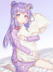Rule 34 | 1girl, barefoot, bed sheet, blue bow, blue ribbon, blush, bow, cha chya, commentary, crescent, crescent hair ornament, double bun, dress, frilled sleeves, frills, gradient background, grey background, hair bow, hair bun, hair ornament, hair ribbon, highres, holding, holding pillow, long hair, long sleeves, looking at viewer, nightgown, no headwear, hugging object, pajamas, parted lips, patchouli knowledge, pillow, pillow hug, purple background, purple dress, purple eyes, purple hair, purple pajamas, red bow, red ribbon, ribbon, short dress, sidelocks, sitting, solo, touhou, wariza