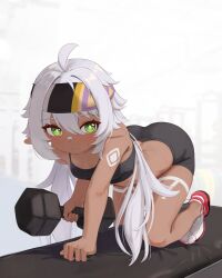 1girl ahoge all_fours ass bare_arms bare_legs bare_shoulders black_shorts crop_top dark_skin dumbbell genshin_impact green_eyes grey_hair headband highres holding holding_dumbbell iansan_(genshin_impact) looking_at_viewer midriff mockingeu pointy_ears shoes short_shorts shorts sneakers solo spaghetti_strap sports_bra thighs