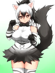 Rule 34 | 1girl, aardwolf (kemono friends), aardwolf print, alternate costume, animal ears, animal print, bare shoulders, black bow, black bowtie, black hair, bow, bowtie, breast pocket, breasts, closed mouth, cowboy shot, elbow gloves, furrowed brow, gloves, gradient background, hair between eyes, hands up, high-waist skirt, high ponytail, highres, isna (footprintsofisna), kemono friends, large breasts, legs together, looking at viewer, miniskirt, multicolored hair, parted bangs, paw pose, pocket, ponytail, print gloves, print scarf, print skirt, print thighhighs, scarf, shirt, skindentation, skirt, sleeveless, sleeveless shirt, solo, tail, thighhighs, two-tone hair, white hair, white shirt, yellow eyes, zettai ryouiki