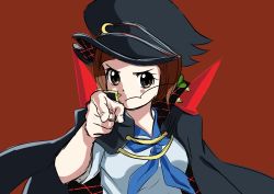 Rule 34 | 1girl, absurdres, banchou, bob cut, brown hair, delinquent, highres, jojo no kimyou na bouken, kill la kill, looking at viewer, mankanshoku mako, parody, pointing, red background, simple background, stardust crusaders, xiaoheledage