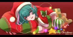 Rule 34 | 1girl, :d, antennae, aqua eyes, aqua hair, blue hair, boots, bow, box, christmas, christmas lights, christmas ornaments, commentary, decorations, dededeteiu, full body, gift, gift box, green bow, green thighhighs, hagoromo lala, hair between eyes, hat, head rest, highres, letterboxed, light blue hair, lips, lying, merry christmas, multicolored hair, on stomach, open mouth, pink hair, pointy ears, precure, red background, sack, santa costume, santa hat, short hair, signature, simple background, smile, solo, star-shaped pupils, star (symbol), star in eye, star twinkle precure, streaked hair, striped clothes, striped thighhighs, symbol-shaped pupils, symbol in eye, thighhighs, twitter username, white thighhighs