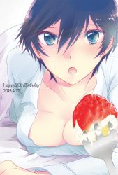 Rule 34 | 1girl, 2015, birthday, blue eyes, blue hair, breasts, cleavage, dated, feeding, food, fork, fruit, happy birthday, incoming food, large breasts, looking at viewer, lying, matching hair/eyes, on stomach, open clothes, open mouth, open shirt, persona, persona 4, pov, pov feeding, shinocco, shirogane naoto, shirt, short hair, solo, strawberry, upper body, whipped cream