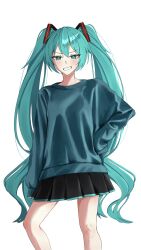 Rule 34 | 1girl, absurdres, aikuroalter, aqua eyes, aqua hair, black skirt, blue eyes, blue sweater, blush, hair ornament, hand on own hip, hashtag-only commentary, hatsune miku, highres, long hair, long sleeves, looking at viewer, open mouth, pleated skirt, simple background, skirt, smile, smirk, solo, standing, straight-on, sweater, teeth, twintails, very long hair, vocaloid, white background