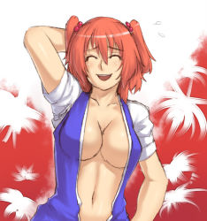 Rule 34 | 1girl, ^ ^, arm behind head, breasts, cleavage, closed eyes, closed eyes, female focus, houtengeki, large breasts, navel, no bra, onozuka komachi, open clothes, open shirt, red hair, shirt, short hair, sketch, smile, solo, touhou