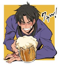 Rule 34 | &gt; &lt;, 1boy, alcohol, beer, beer mug, black hair, closed eyes, commentary request, cup, facial scar, grin, highres, inudori, itou kaiji, kaiji, long hair, long sleeves, male focus, medium bangs, mug, purple shirt, scar, scar on cheek, scar on face, shirt, smile, solo, two-tone background, upper body, white background, yellow background