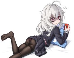 Rule 34 | 1girl, ahoge, ass, bags under eyes, black pantyhose, black shirt, black skirt, clothes lift, eha7y, feet, from side, highres, kneepits, leg up, legs, long hair, looking at viewer, lying, messy hair, nintendo switch, no shoes, on stomach, open mouth, original, panties, panties under pantyhose, pantyhose, pillow, pink panties, playing games, red eyes, school uniform, see-through, serafuku, shaded face, shirt, silver hair, simple background, skirt, skirt lift, soles, solo, thighband pantyhose, thighs, toes, underwear, white background