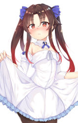 Rule 34 | 10s, 1girl, absurdres, bare shoulders, blue bow, blush, bow, brown hair, brown pantyhose, closed mouth, collar, detached collar, detached sleeves, dress, fingernails, frilled dress, frills, frown, gradient hair, hair between eyes, hair bow, highres, long hair, long sleeves, looking at viewer, multicolored hair, nose blush, pantyhose, parted bangs, red eyes, red hair, ribbon, ryuuou no oshigoto!, sidelocks, simple background, skirt hold, solo, strapless, strapless dress, tiguruvurumudo vuorun, twintails, very long hair, white background, white collar, white dress, white ribbon, yashajin ai