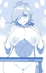 Rule 34 | 1girl, :q, artist name, aurahack, ball, basketball (object), blush, breasts, cleft of venus, collar, diadem, earrings, final fantasy, hair over one eye, highres, hood, hood down, jewelry, large breasts, looking at viewer, mario (series), mario basketball 3on3, medium hair, monochrome, nintendo, nipples, pussy, short sleeves, simple background, smile, solo, standing, table, tongue, tongue out, white mage (final fantasy), wide sleeves