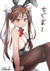 Rule 34 | 1girl, absurdres, alternate costume, animal ears, black pantyhose, bow, bowtie, breasts, brown hair, cleavage, detached collar, embarrassed, feet out of frame, grey leotard, hair between eyes, hair ribbon, highres, kantai collection, leotard, long hair, matsurika (harusutain), medium breasts, pantyhose, playboy bunny, rabbit ears, rabbit tail, red bow, red bowtie, ribbon, simple background, solo, tail, tone (kancolle), twintails, white background, wrist cuffs