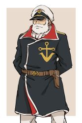 Rule 34 | 1boy, anchor symbol, arm behind back, beard, belt, black coat, black eyes, coat, cowboy shot, epaulettes, facial hair, hat, highres, holster, looking to the side, male focus, military, military uniform, okita juuzou, old, old man, one eye covered, pants, peaked cap, sanwari (aruji yume), simple background, solo, symbol-only commentary, trench coat, uchuu senkan yamato, uchuu senkan yamato 2199, uniform, white pants