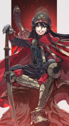 Rule 34 | 1girl, armored boots, belt, black hair, black hat, boots, cape, crest, family crest, fate/grand order, fate (series), gloves, grin, gun, hand on hilt, hat, holding, holding sword, holding weapon, katana, knee boots, koha-ace, long hair, long sleeves, looking at viewer, military, military hat, military uniform, oda nobunaga (fate), oda nobunaga (koha-ace), oda uri, peaked cap, red cape, red eyes, rifle, sitting, smile, solo, sword, uniform, weapon, white gloves, yahako