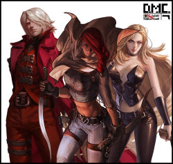 Rule 34 | 1boy, 2girls, breasts, capcom, dagger, dante (devil may cry), dark-skinned female, dark skin, devil may cry, devil may cry (series), devil may cry 2, english text, et.m, highres, holding, holding dagger, holding knife, holding weapon, knife, large breasts, long coat, lucia (devil may cry), multiple girls, red hair, simple background, standing, thigh strap, trish (devil may cry), weapon, white background, white hair