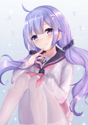 Rule 34 | 1girl, absurdres, ahoge, anchor symbol, azur lane, black sailor collar, black scrunchie, blush, closed mouth, commentary request, eighth note, feet out of frame, fingernails, hair ornament, hair scrunchie, hand up, head tilt, highres, kana (kuaua), long hair, long sleeves, low twintails, musical note, nail polish, pantyhose, pink nails, purple eyes, purple hair, sailor collar, school uniform, scrunchie, serafuku, sitting, sleeves past wrists, smile, solo, sparkle, sweater, thighband pantyhose, twintails, unicorn (long-awaited date) (azur lane), unicorn (azur lane), very long hair, white pantyhose, white sweater, x hair ornament
