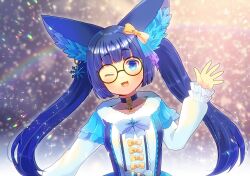 Rule 34 | 1girl, ;d, animal ear fluff, animal ears, bell, black-framed eyewear, blue bow, blue choker, blue dress, blurry, blurry background, blush, bow, choker, collarbone, depth of field, dress, ear piercing, earrings, hair bell, hair ornament, hand up, highres, indie virtual youtuber, jewelry, kira kuroto, kou hiyoyo, leaning to the side, lens flare, long sleeves, looking at viewer, one eye closed, open mouth, piercing, puffy long sleeves, puffy sleeves, round eyewear, sleeves past wrists, smile, snowflake earrings, solo, virtual youtuber, yellow bow