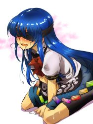 Rule 34 | 1girl, between legs, black socks, blindfold, blue hair, blue skirt, blush, bow, bowtie, collared shirt, commentary request, drooling, frills, furrowed brow, hand between legs, unworn headwear, heavy breathing, hinanawi tenshi, long hair, masochism, nose blush, nunnun (shunka shuutou), on floor, open mouth, puffy short sleeves, puffy sleeves, rainbow order, red bow, red bowtie, saliva, shirt, short sleeves, sidelocks, simple background, sitting, skirt, socks, solo, sweat, tongue, touhou, wariza, white background, white shirt, wing collar