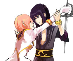 Rule 34 | 00s, 1boy, 1girl, bad id, bad pixiv id, battle couple, black hair, bracelet, estellise sidos heurassein, eye contact, gloves, heke, jewelry, long hair, looking at another, pink hair, purple hair, short hair, simple background, sleeves rolled up, sword, tales of (series), tales of vesperia, weapon, white background, yuri lowell