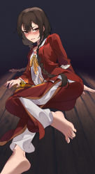 Rule 34 | 1girl, barefoot, bell, blush, bracelet, braid, brown hair, chinese clothes, crack, dark, full body, glaring, glowing, highres, hundred demon spectrum, jacket, jewelry, looking at viewer, low twin braids, lying, open mouth, red jacket, ribbon, scowl, tao yao (hundred demon spectrum), teeth, twin braids, user zedn5754