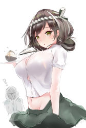 Rule 34 | !, 1girl, 1other, absurdres, arknights, black hair, blush, breasts, chinese commentary, commentary request, doctor (arknights), grey eyes, grey skirt, hachimaki, headband, highres, large breasts, magallan (arknights), magallan (shaved-ice memories) (arknights), md5 mismatch, midriff, multicolored hair, navel, nejiri hachimaki, official alternate costume, parted lips, resolution mismatch, scup, shirt, short hair, short sleeves, simple background, skirt, source larger, streaked hair, upper body, white background, white hair, white shirt