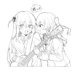 Rule 34 | 2girls, @ @, blush, bocchi the rock!, cube hair ornament, electric guitar, flustered, from side, gibson les paul, gotoh hitori, guitar, hair ornament, highres, holding, holding instrument, implied yuri, instrument, kita ikuyo, lineart, moga (ponco gris), monochrome, multiple girls, open mouth, side ahoge, sweatdrop, upper body