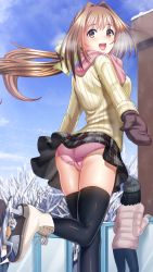 Rule 34 | 1girl, :d, black mittens, black skirt, black thighhighs, blush, bow, brown eyes, brown hair, day, doukyuusei another world, floating hair, game cg, hair bow, hair intakes, ice skates, kakyuusei 2, leg up, long hair, long sleeves, looking back, miniskirt, mittens, official art, open mouth, outdoors, panties, pink panties, pink scarf, plaid, plaid skirt, pleated skirt, ribbed sweater, saimon tamaki, scarf, shiny clothes, shiny legwear, skates, skirt, smile, solo focus, sweater, thighhighs, twintails, underwear, very long hair, winter, yellow bow, yellow sweater