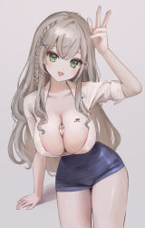 Rule 34 | 1girl, animal between breasts, anouetto, arm support, arm up, blue skirt, blush, braid, breasts, brown hair, cleavage, collared shirt, commentary request, green eyes, hamster, hololive, large breasts, long hair, looking at viewer, miniskirt, open mouth, pencil skirt, pop (shirogane noel), shirogane noel, shirt, simple background, skirt, smile, solo, very long hair, virtual youtuber, w, white shirt