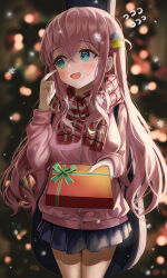 Rule 34 | 1girl, :d, blurry, blurry background, blush, bocchi the rock!, christmas, christmas tree, cowboy shot, crossed bangs, cube hair ornament, dubeaduver, embarrassed, gift, giving, gotoh hitori, green eyes, hair ornament, hair over shoulder, hand on own face, highres, holding, holding gift, indoors, jacket, light, long hair, long sleeves, looking to the side, night, one eye closed, open mouth, pink hair, pink jacket, plaid scard, pleated skirt, purple skirt, red scarf, scarf, sidelocks, skirt, smile, snowflakes, solo, standing, sweatdrop, track jacket, window