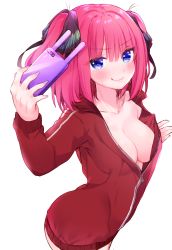 Rule 34 | 1girl, absurdres, black ribbon, blue eyes, blush, breasts, cellphone, cleavage, closed mouth, collarbone, commentary request, go-toubun no hanayome, hair ribbon, highres, holding, holding phone, jacket, looking at viewer, medium breasts, nail polish, nakano nino, naked jacket, no bra, noyama (noyama8888), phone, pink hair, purple nails, red jacket, ribbon, short hair, simple background, smile, solo, standing, track jacket, white background, zipper