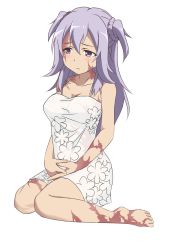 Rule 34 | 1girl, bare shoulders, barefoot, braid, breasts, burn scar, chuxinzhe xiaolin, collarbone, cosplay, dorei to no seikatsu ~teaching feeling~, dress, floral print, frown, gakusen toshi asterisk, highres, large breasts, long hair, looking away, navel, purple eyes, purple hair, scar, see-through, simple background, sitting, solo, sundress, sylvie (dorei to no seikatsu), sylvie (dorei to no seikatsu) (cosplay), toudou kirin, two side up, wariza, white background, white dress