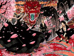 Rule 34 | 1girl, 2boys, abs, belt, black dress, black footwear, black hair, cherry blossoms, color spread, cover, cover page, crossed arms, dragon, dress, earrings, flower, formal, green hair, hat, unworn headwear, highres, jacket, jewelry, lace sleeves, long sleeves, monkey d. luffy, multiple boys, nami (one piece), necklace, oda eiichirou, official art, one piece, open clothes, open shirt, orange hair, petals, roronoa zoro, ruins, scar, sheath, sheathed, shirt, shoes, sitting, stairs, stampede string, statue, straw hat, suit, tattoo, tree, wink
