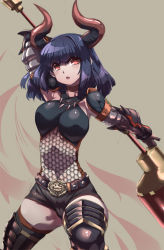 Rule 34 | 1girl, belt, blue hair, breasts, capcom, character request, choker, deviljho (armor), fishnets, gauntlets, gore magala (armor), horns, huge weapon, large breasts, monster hunter (series), nargacuga (armor), red eyes, short hair, shorts, solo, thighhighs, tokyo (great akuta), weapon