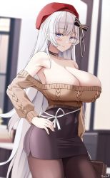Rule 34 | 1girl, artist name, azur lane, bare shoulders, belfast (azur lane), belfast (shopping with the head maid) (azur lane), beret, black skirt, blue eyes, breasts, brown pantyhose, choker, cleavage, closed mouth, collarbone, grey hair, hair ornament, hand on own hip, hat, highres, keenh, large breasts, long hair, long sleeves, off-shoulder sweater, off shoulder, official alternate costume, pantyhose, red hat, shirt tucked in, skirt, smile, solo, sweater