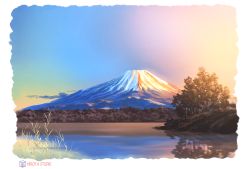 Rule 34 | blue sky, commentary request, day, grass, highres, hirota (masasiv3), lake, mount fuji, mountain, multicolored sky, nature, no humans, original, outdoors, reflection, scenery, signature, sky, sunset, tree