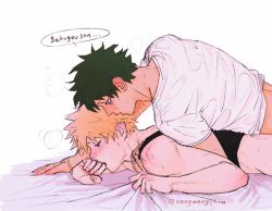 Rule 34 | 2boys, artist name, bakugou katsuki, bangs, bed sheet, biting, black tank top, blonde hair, blush, boku no hero academia, commentary, finger biting, freckles, from side, green hair, implied anal, implied sex, looking at another, lying, male focus, messy hair, midoriya izuku, multiple boys, on stomach, pale skin, prone bone, sex, sex from behind, sheet grab, shirt, short hair, short sleeves, simple background, speech bubble, tank top, upper body, upper teeth, wengwengchim, white background, white shirt, yaoi