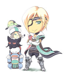 Rule 34 | 1boy, 1girl, animal, bad id, bad pixiv id, belt, blocter, buckle, cat, chibi, david nassau, emma honeywell, eyepatch, full body, green eyes, looking at viewer, pagus, short hair, simple background, souchi, the last remnant, torgal, white background