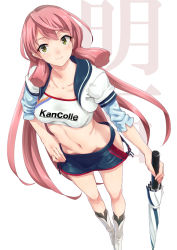 Rule 34 | 10s, 1girl, akashi (kancolle), aya shachou, black socks, blue skirt, blush, boots, bow, breasts, character name, closed mouth, closed umbrella, clothes writing, collarbone, covered erect nipples, cropped jacket, foreshortening, from above, full body, green eyes, hand on own hip, holding, holding umbrella, kantai collection, long hair, looking at viewer, medium breasts, midriff, miniskirt, navel, pencil skirt, pink hair, race queen, red hair, simple background, skirt, smile, socks, solo, standing, stomach, strapless, tube top, umbrella, very long hair, white background, white footwear, white tube top