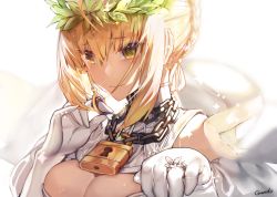 Rule 34 | 1girl, :3, bare shoulders, blonde hair, bow, braid, breasts, chain, cleavage, detached collar, embarrassed, fate/grand order, fate (series), gendo0032, gloves, green eyes, hair bow, jewelry, key, large breasts, lock, nero claudius (bride) (fate), nero claudius (bride) (third ascension) (fate), nero claudius (fate), nero claudius (fate) (all), padlock, ring, smile, solo, upper body, white background, wreath