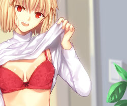 Rule 34 | 1girl, arcueid brunestud, blonde hair, blurry, blurry background, blush, bow, bow bra, bra, breasts, cleavage, clothes lift, iro (sekaixiro), lace, lace-trimmed bra, lace trim, long sleeves, looking at viewer, medium breasts, open mouth, red eyes, round teeth, shirt, shirt lift, short hair, smile, solo, sweater, teeth, top pull, tsukihime, tsukihime (remake), underwear, upper body, upper teeth only, white sweater