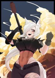 Rule 34 | 1girl, ahoge, animal ear fluff, animal ears, asymmetrical clothes, black gloves, black pants, black shirt, breasts, cloud, corrupted twitter file, crop top, discordia (vtuber), elbow pads, epaulettes, eyelashes, fishnets, fox ears, fox girl, fox tail, gloves, grey hair, gun, hair over one eye, highleg, highleg leotard, highres, holding, holding gun, holding weapon, indie virtual youtuber, large breasts, leotard, navel, open fly, open mouth, pants, red eyes, rumi (rumigawa31), second-party source, see-through, see-through leotard, shirt, shoulder spikes, single elbow pad, single pantsleg, sky, solo, spikes, tail, toned, virtual youtuber, weapon