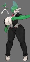 Rule 34 | 1girl, absurdres, barefoot, belt, black pants, breasts, colored skin, creatures (company), dot nose, female focus, formal, full body, gallade, game freak, gen 4 pokemon, genderswap, gipehtyboo, green hair, highres, huge breasts, looking at viewer, nintendo, pants, pokemon, red belt, red eyes, reference inset, shirt, solo, standing, suit, taut clothes, taut shirt, thick thighs, thighs, white shirt, white skin, wide hips
