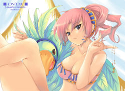 Rule 34 | 1girl, bare shoulders, bird, breasts, cleavage, earrings, feathers, hair ornament, hairpin, jewelry, key, crossed legs, medium breasts, necklace, original, pink hair, ponytail, purple eyes, short hair, sitting, solo, strapless, tube top, uemoto masato