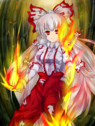 Rule 34 | 1girl, bad id, bad pixiv id, bamboo, bamboo forest, bow, female focus, fire, forest, fujiwara no mokou, hair bow, long hair, nature, panties, poini (king-scarlet-dead), red eyes, solo, touhou, underwear