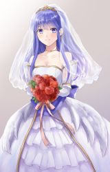 1girl bare_shoulders blue_eyes blue_hair bouquet bridal_veil bride dress elbow_gloves female_focus fire_emblem fire_emblem:_the_binding_blade fire_emblem_heroes flower gloves jewelry lilina_(fire_emblem) long_hair necklace nintendo smile solo strapless strapless_dress veil wedding_dress white_dress white_gloves wspread