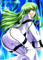 Rule 34 | 1girl, akino shin, ass, bodysuit, c.c., character name, code geass, copyright name, from behind, green hair, long hair, looking at viewer, open mouth, pantylines, parted lips, solo, yellow eyes