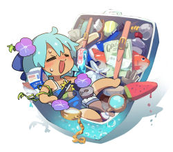 Rule 34 | 1girl, = =, ball, barefoot, blue hair, blush, bottle, brush, bubble, chibi, cirno, commentary request, dripping, closed eyes, fish, flower, food, hair flower, hair ornament, in container, jewelry, light bulb, locket, milk carton, moyazou (kitaguni moyashi seizoujo), open mouth, paintbrush, pencil, pendant, popsicle, purple flower, shadow, short hair, sleeveless, solo, spaghetti strap, suitcase, sweat, tan, tanline, tanned cirno, tape, tennis ball, touhou, watermelon bar, white background